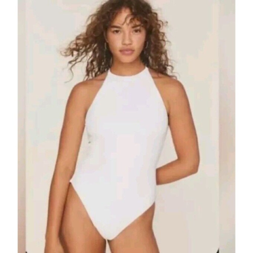 Andie Swim Coco White Ribbed Rib Asbury High Neck One Piece Swimsuit Size L NWT